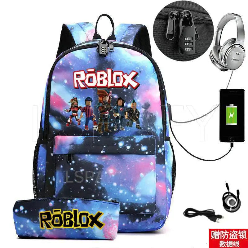 ROBLOX Backpack Anti Theft USB Charge Backpack Waterproof Women Men School Bag Teenage Girls Boys Travel Bags