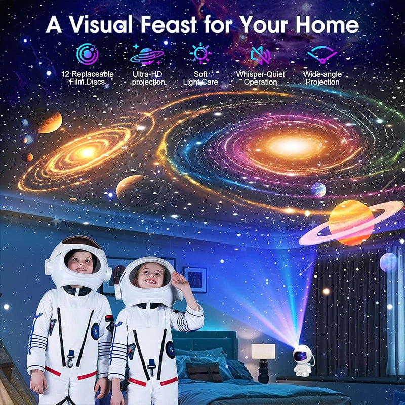 Space Galaxy Night Light Projector, Ultra-HD Astronaut Design, 12 Film Discs, LED Display with Adjustable Brightness