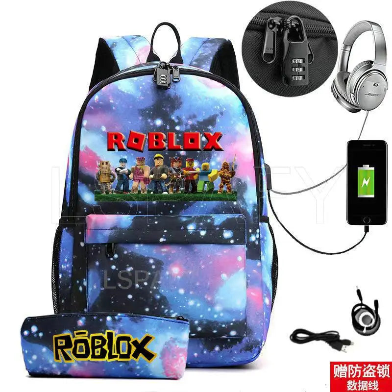 ROBLOX Backpack Anti Theft USB Charge Backpack Waterproof Women Men School Bag Teenage Girls Boys Travel Bags