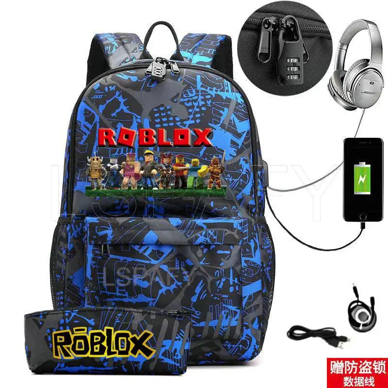 ROBLOX Backpack Anti Theft USB Charge Backpack Waterproof Women Men School Bag Teenage Girls Boys Travel Bags