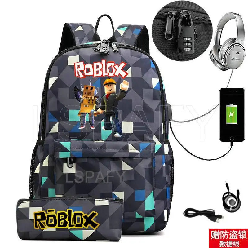 ROBLOX Backpack Anti Theft USB Charge Backpack Waterproof Women Men School Bag Teenage Girls Boys Travel Bags
