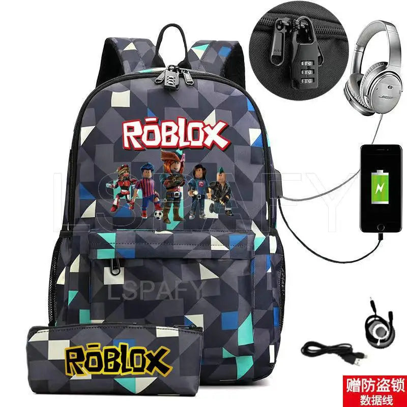 ROBLOX Backpack Anti Theft USB Charge Backpack Waterproof Women Men School Bag Teenage Girls Boys Travel Bags