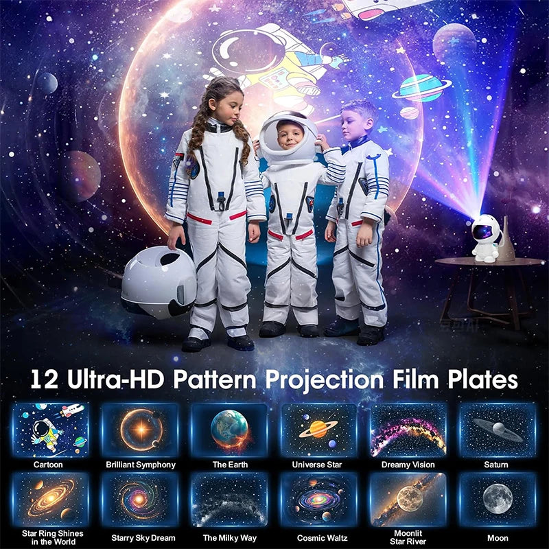Space Galaxy Night Light Projector, Ultra-HD Astronaut Design, 12 Film Discs, LED Display with Adjustable Brightness