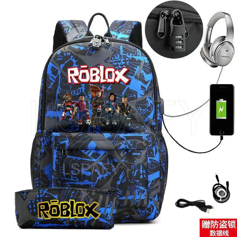 ROBLOX Backpack Anti Theft USB Charge Backpack Waterproof Women Men School Bag Teenage Girls Boys Travel Bags