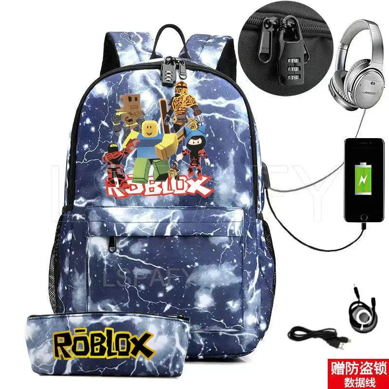 ROBLOX Backpack Anti Theft USB Charge Backpack Waterproof Women Men School Bag Teenage Girls Boys Travel Bags