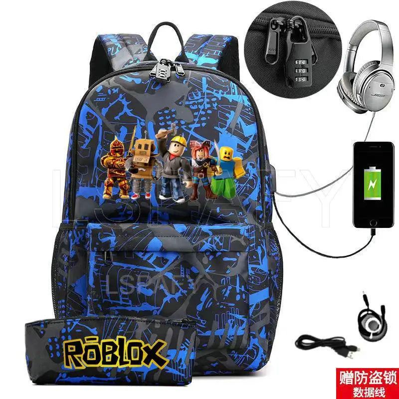 ROBLOX Backpack Anti Theft USB Charge Backpack Waterproof Women Men School Bag Teenage Girls Boys Travel Bags