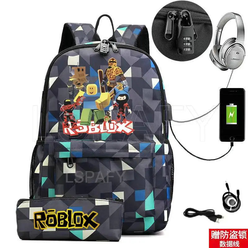 ROBLOX Backpack Anti Theft USB Charge Backpack Waterproof Women Men School Bag Teenage Girls Boys Travel Bags