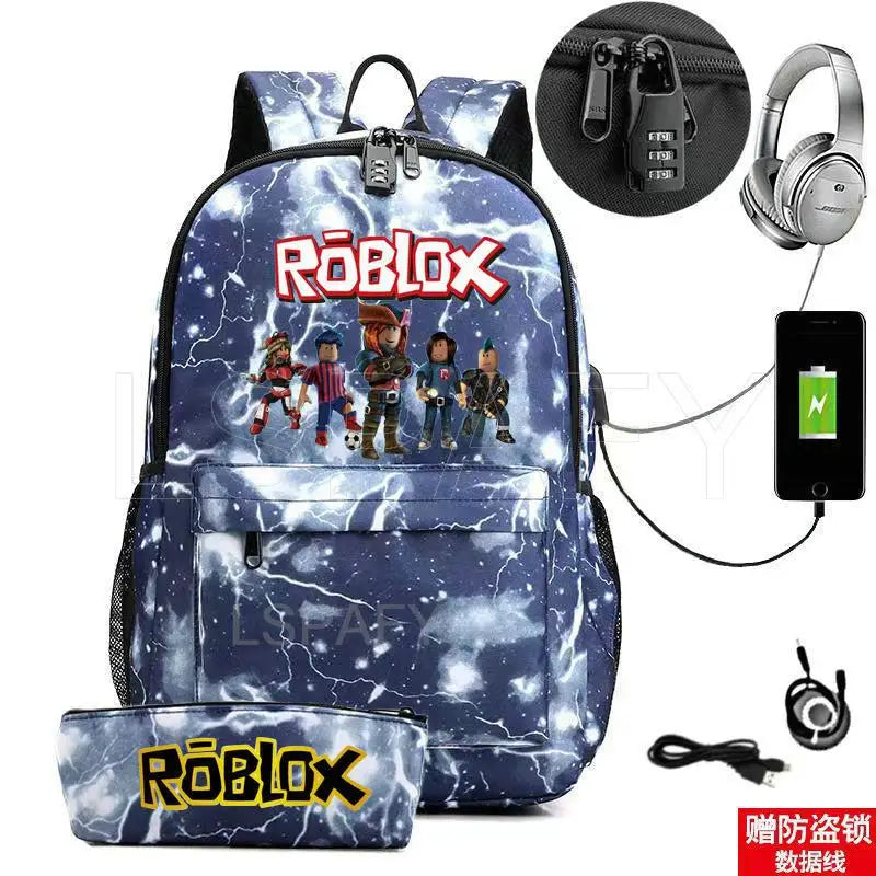 ROBLOX Backpack Anti Theft USB Charge Backpack Waterproof Women Men School Bag Teenage Girls Boys Travel Bags