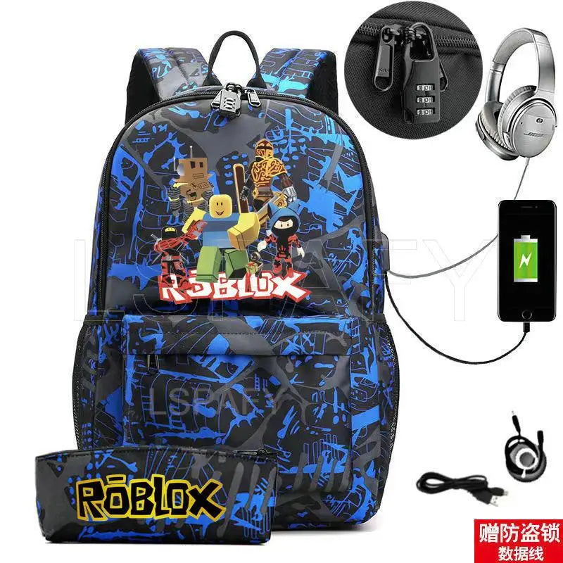 ROBLOX Backpack Anti Theft USB Charge Backpack Waterproof Women Men School Bag Teenage Girls Boys Travel Bags