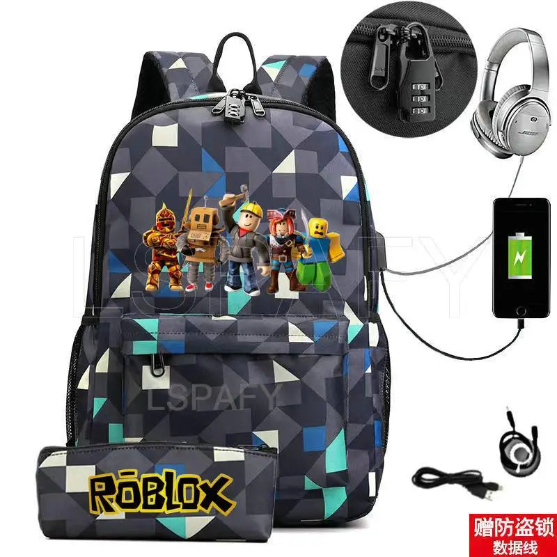 ROBLOX Backpack Anti Theft USB Charge Backpack Waterproof Women Men School Bag Teenage Girls Boys Travel Bags