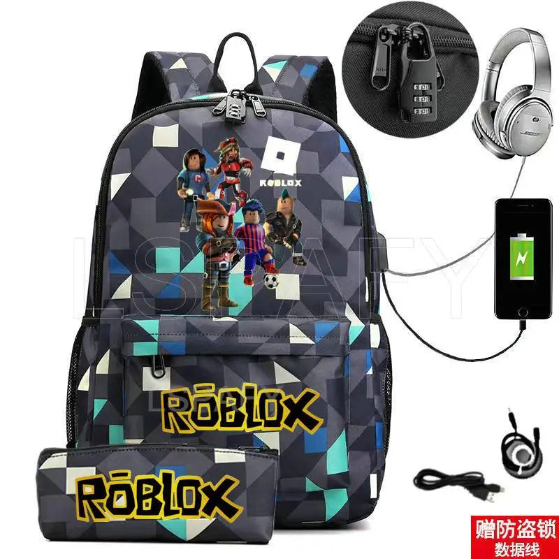 ROBLOX Backpack Anti Theft USB Charge Backpack Waterproof Women Men School Bag Teenage Girls Boys Travel Bags