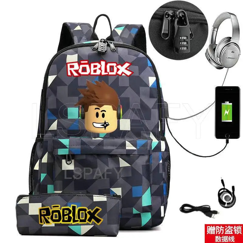 ROBLOX Backpack Anti Theft USB Charge Backpack Waterproof Women Men School Bag Teenage Girls Boys Travel Bags