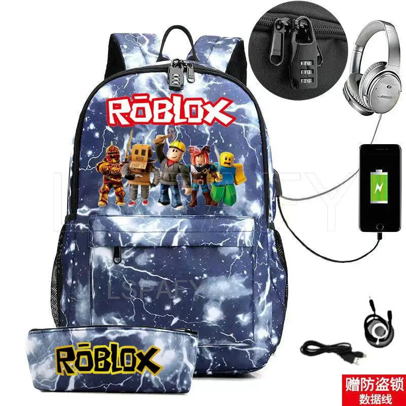 ROBLOX Backpack Anti Theft USB Charge Backpack Waterproof Women Men School Bag Teenage Girls Boys Travel Bags