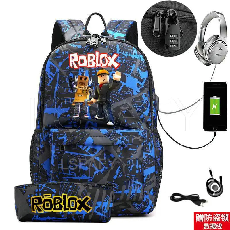 ROBLOX Backpack Anti Theft USB Charge Backpack Waterproof Women Men School Bag Teenage Girls Boys Travel Bags