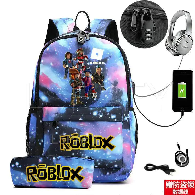 ROBLOX Backpack Anti Theft USB Charge Backpack Waterproof Women Men School Bag Teenage Girls Boys Travel Bags