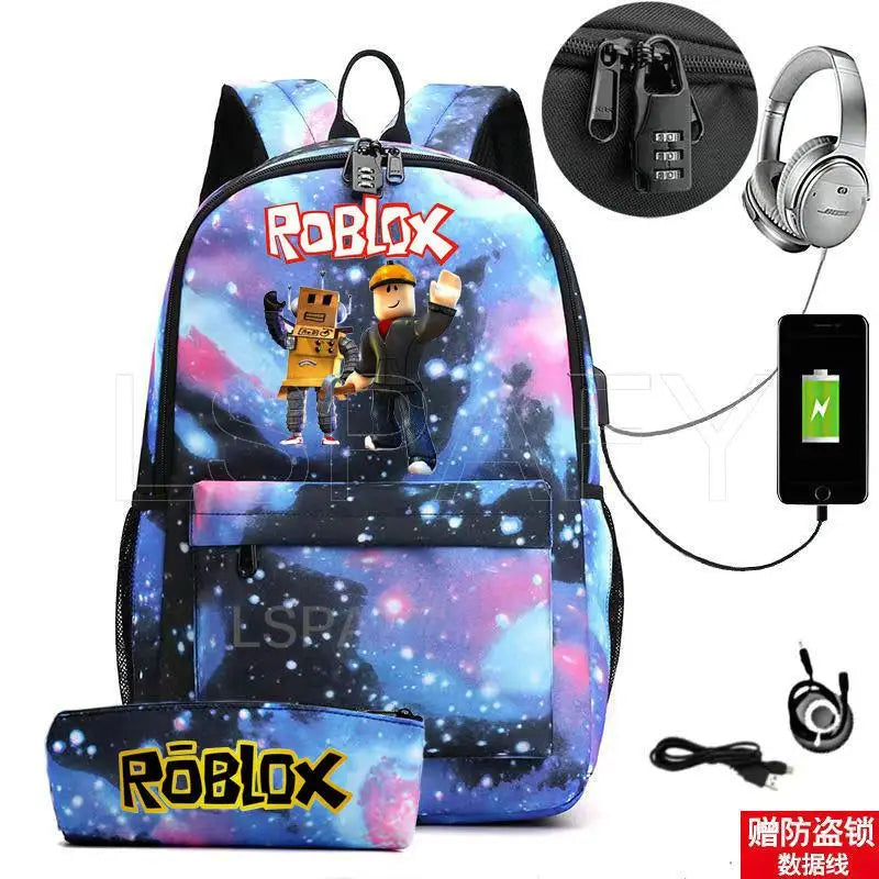 ROBLOX Backpack Anti Theft USB Charge Backpack Waterproof Women Men School Bag Teenage Girls Boys Travel Bags