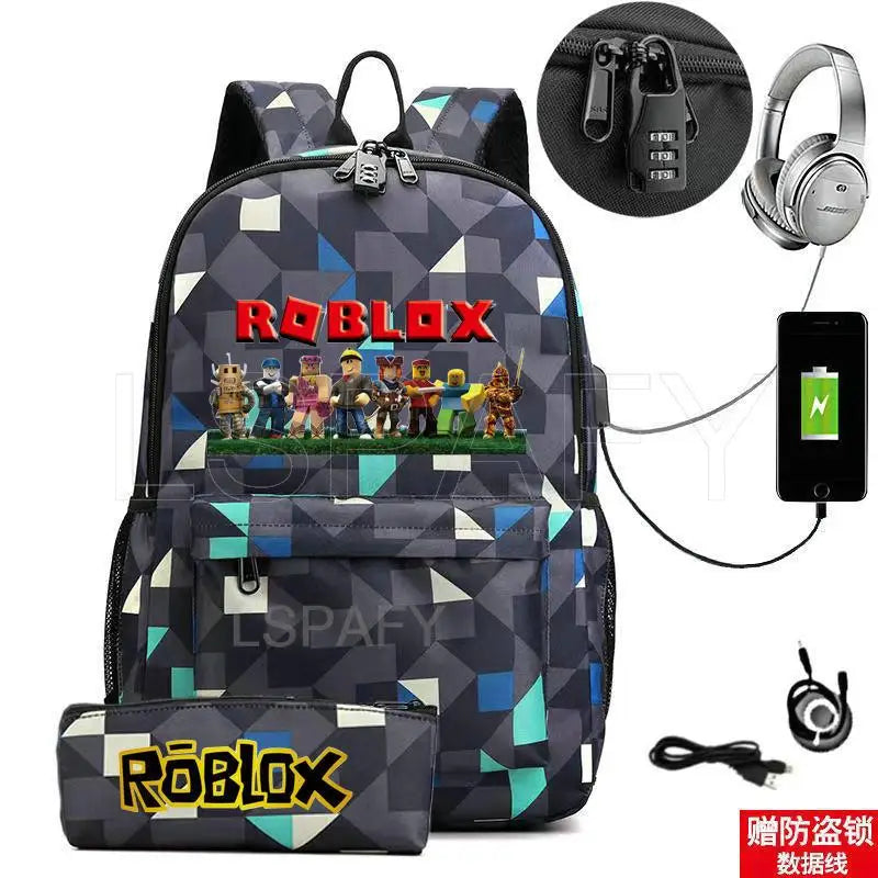 ROBLOX Backpack Anti Theft USB Charge Backpack Waterproof Women Men School Bag Teenage Girls Boys Travel Bags