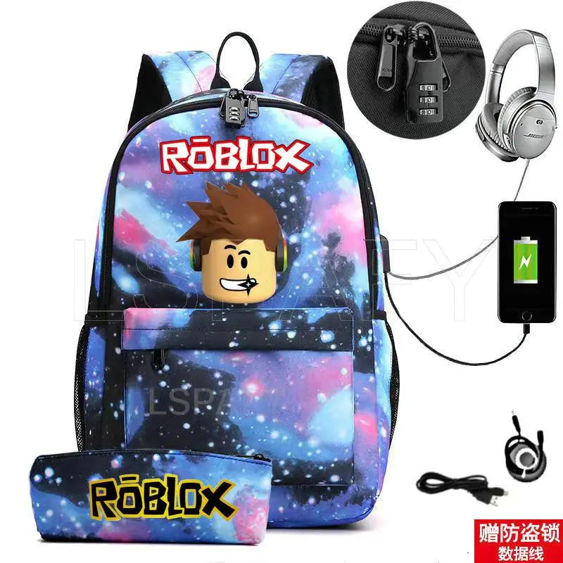 ROBLOX Backpack Anti Theft USB Charge Backpack Waterproof Women Men School Bag Teenage Girls Boys Travel Bags