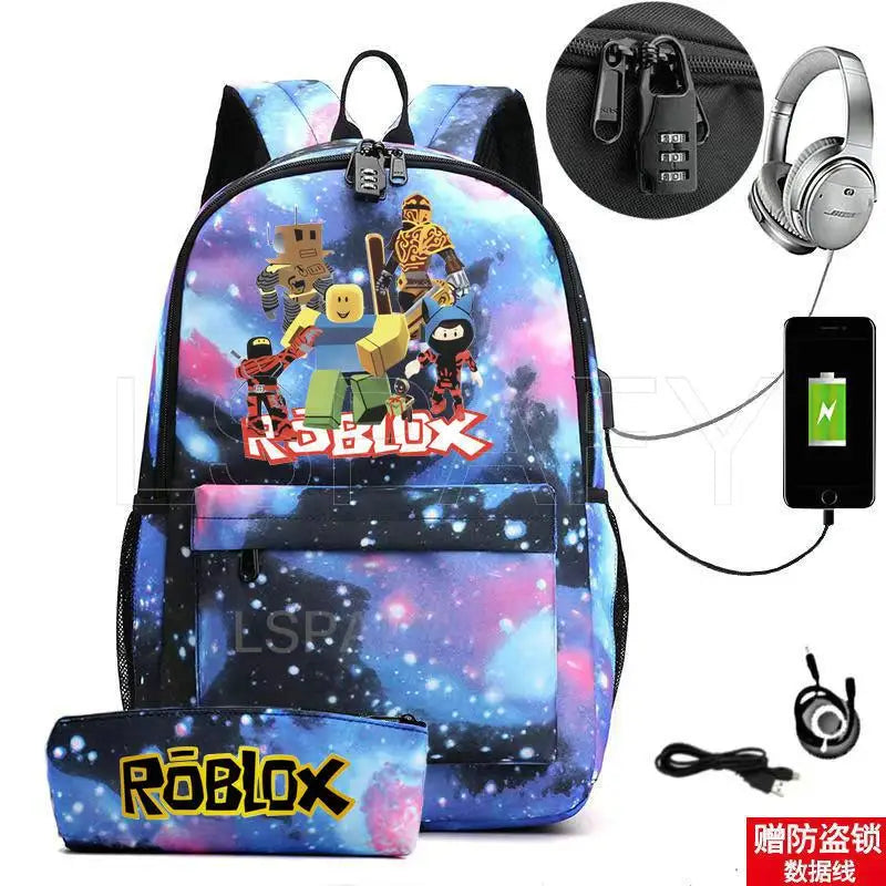ROBLOX Backpack Anti Theft USB Charge Backpack Waterproof Women Men School Bag Teenage Girls Boys Travel Bags