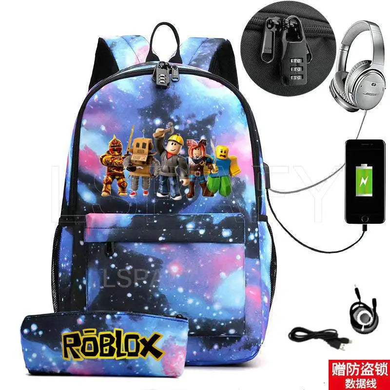 ROBLOX Backpack Anti Theft USB Charge Backpack Waterproof Women Men School Bag Teenage Girls Boys Travel Bags